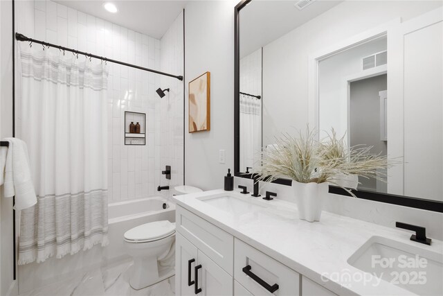 17201 Green Hill Rd, Charlotte, NC 28278 - full bathroom featuring shower / bathtub combination with curtain, toilet, double vanity, and a sink