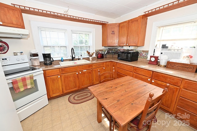 kitchen featuring sink, ornamental molding, cooling unit, and white range with electric cooktop