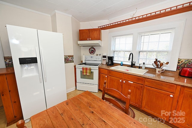 kitchen with white appliances, light stone countertops, sink, and ornamental molding