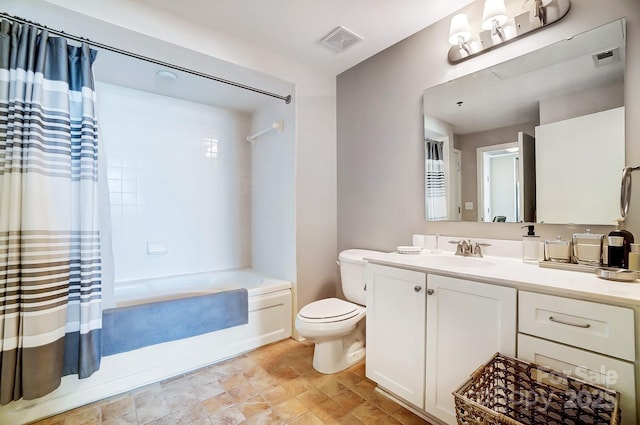 full bathroom with toilet, vanity, visible vents, and shower / bathtub combination with curtain