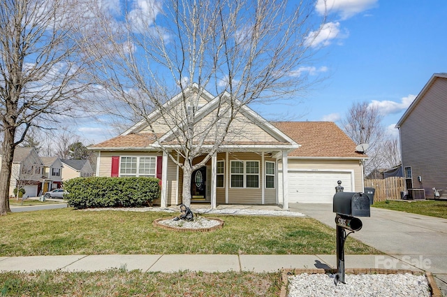 view of front facade featuring an attached garage, central air condition unit, fence, driveway, and a front yard