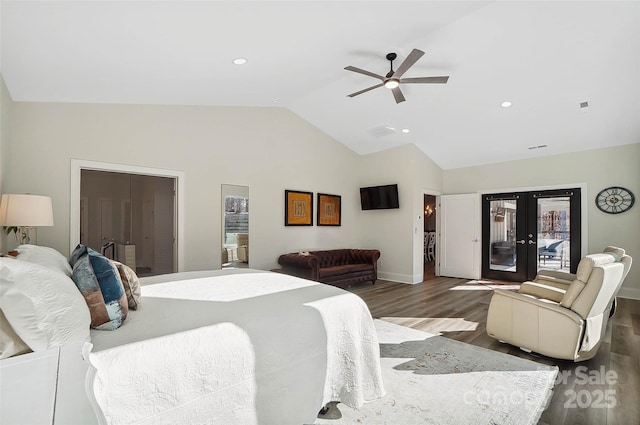 bedroom with a ceiling fan, dark wood-style floors, access to exterior, vaulted ceiling, and french doors