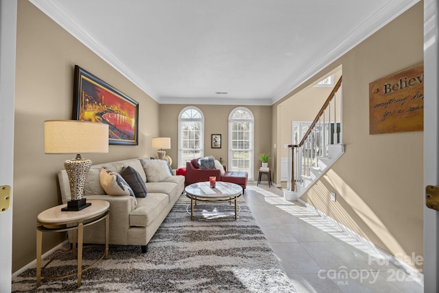 living room featuring tile patterned floors and ornamental molding