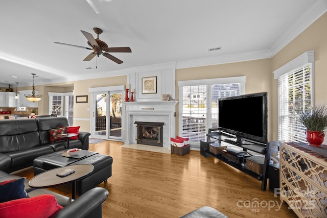 living room with hardwood / wood-style floors, a large fireplace, crown molding, and a wealth of natural light