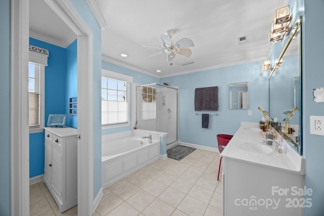 bathroom with vanity, ceiling fan, separate shower and tub, tile patterned floors, and ornamental molding