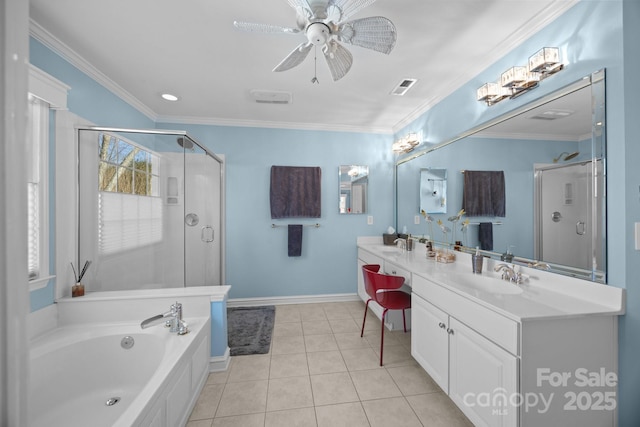 bathroom with tile patterned flooring, vanity, ornamental molding, plus walk in shower, and ceiling fan