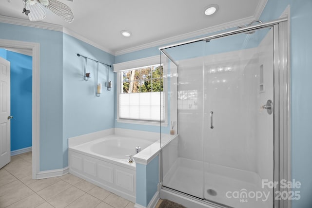 bathroom with tile patterned floors, independent shower and bath, and crown molding