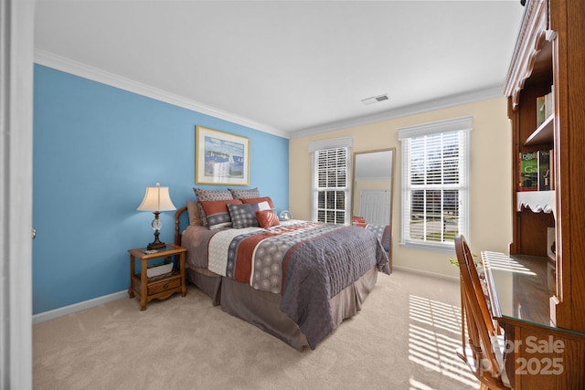 carpeted bedroom featuring ornamental molding