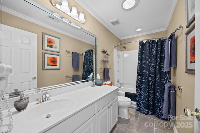 full bathroom featuring vanity, crown molding, tile patterned floors, toilet, and shower / tub combo