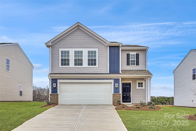 view of front of home featuring a garage, a front yard, concrete driveway, and brick siding