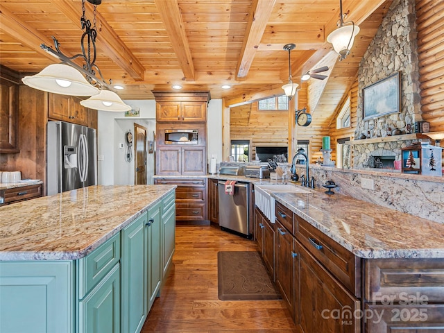 kitchen with stainless steel appliances, light wood-type flooring, wooden ceiling, and a sink