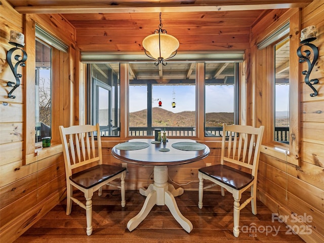 dining room featuring wood walls, a mountain view, and wood finished floors