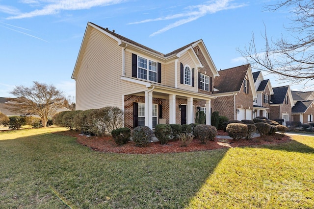 view of property exterior featuring covered porch, a garage, and a lawn