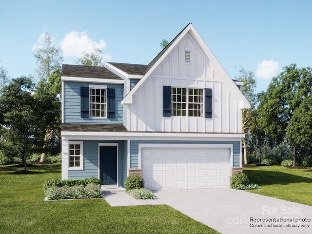 view of front of property featuring a front lawn and a garage