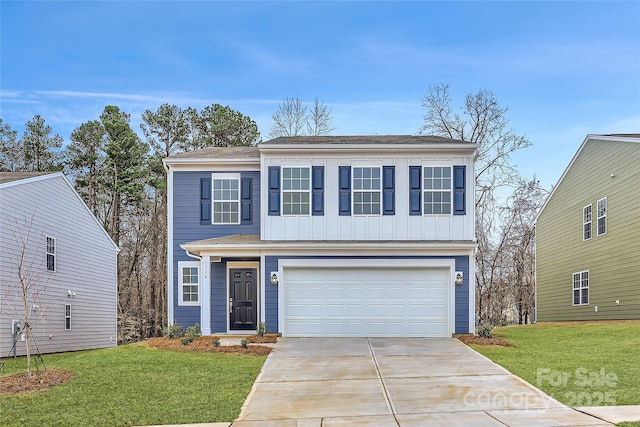 traditional home featuring a garage, driveway, board and batten siding, and a front yard