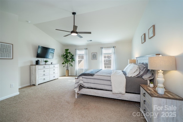 bedroom featuring carpet floors, visible vents, vaulted ceiling, ceiling fan, and baseboards