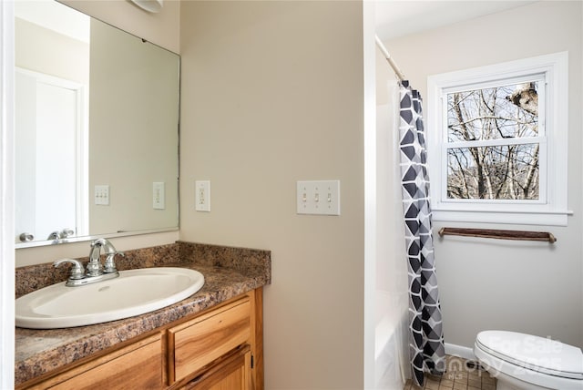 full bath with vanity, toilet, and shower / bathtub combination with curtain