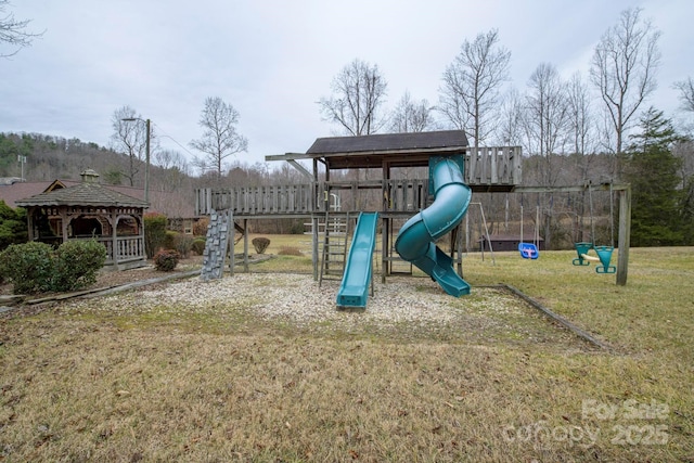 community jungle gym with a gazebo and a lawn