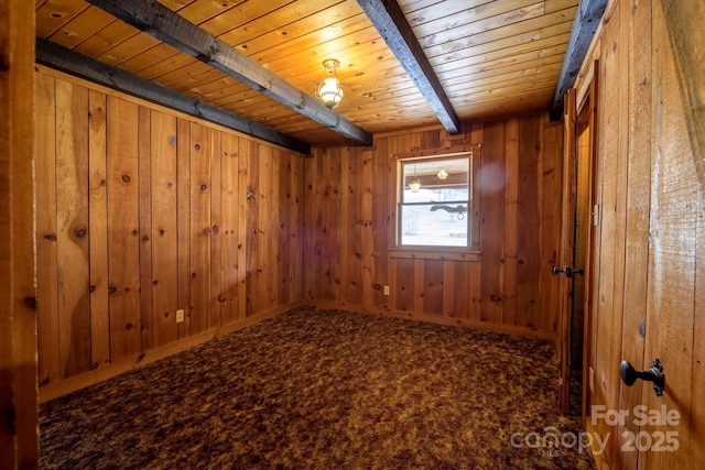 spare room with carpet floors, wood ceiling, beam ceiling, and wood walls