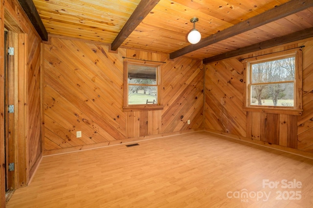 additional living space with light wood finished floors, beamed ceiling, visible vents, and a healthy amount of sunlight