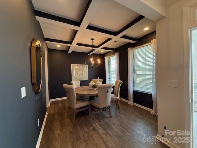 dining space featuring baseboards, coffered ceiling, and wood finished floors