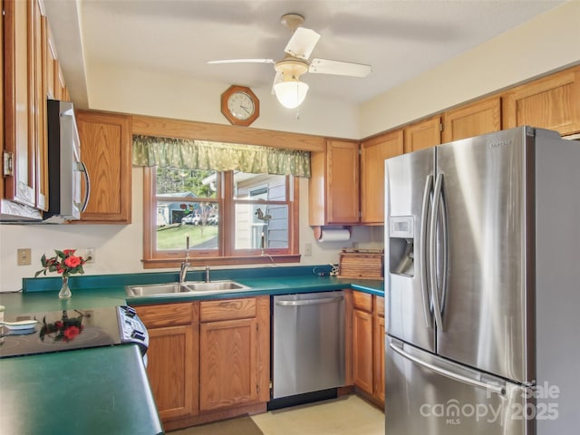 kitchen with ceiling fan, sink, and stainless steel appliances