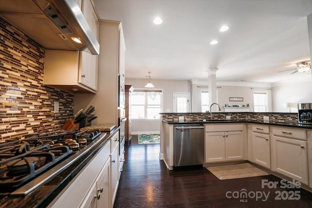 kitchen with dark wood-style flooring, a sink, range hood, appliances with stainless steel finishes, and decorative backsplash