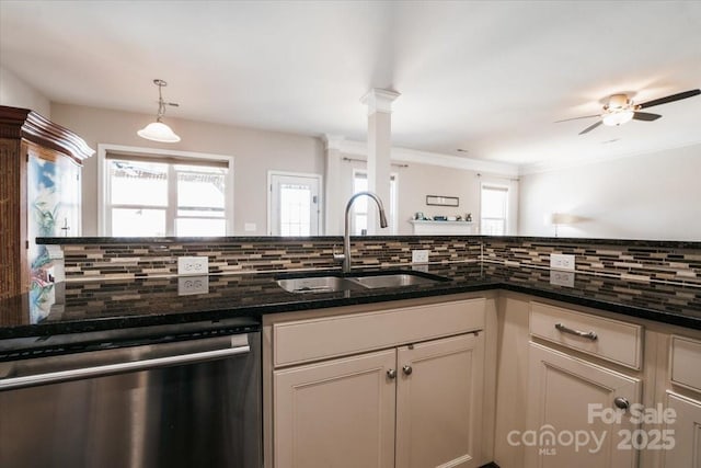 kitchen featuring decorative backsplash, dark stone countertops, a sink, and stainless steel dishwasher