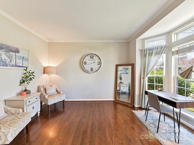 living area with crown molding, dark wood finished floors, and baseboards