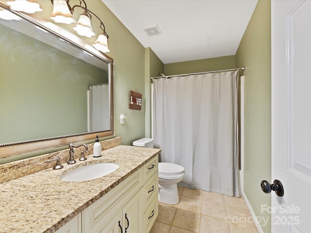 full bath featuring tile patterned flooring, toilet, vanity, visible vents, and shower / bathtub combination with curtain