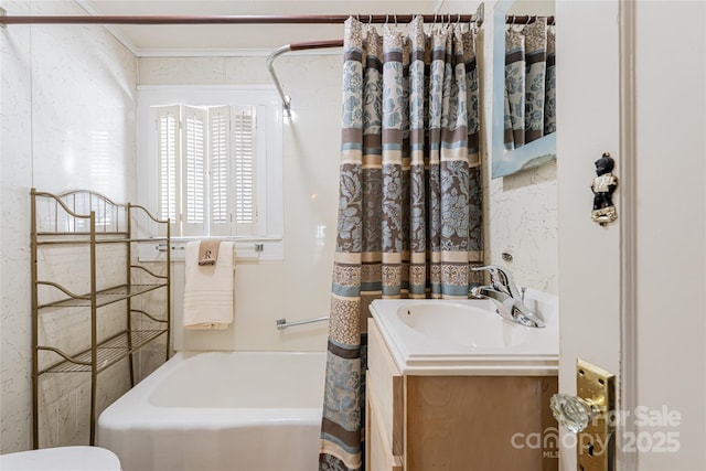 full bath featuring shower / bath combo, vanity, and toilet