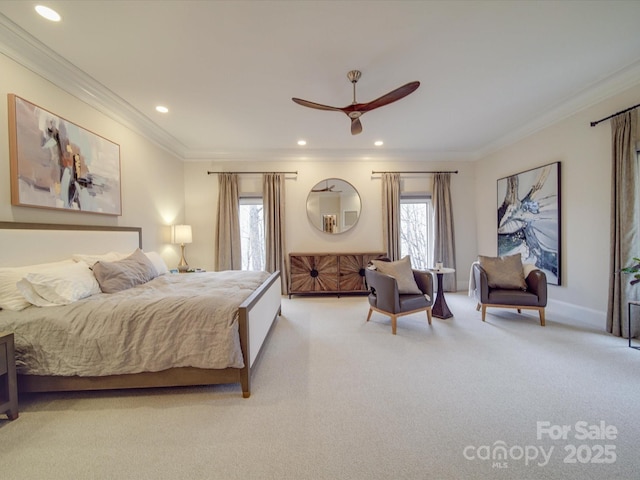 bedroom with crown molding and light colored carpet