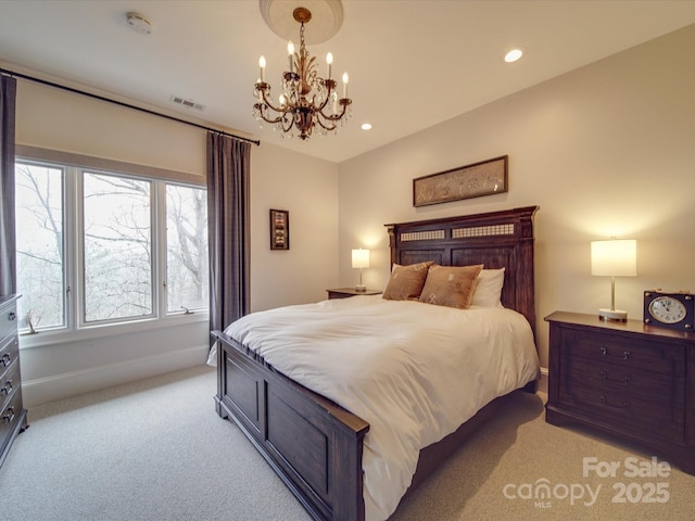 bedroom with light carpet, baseboards, visible vents, and recessed lighting