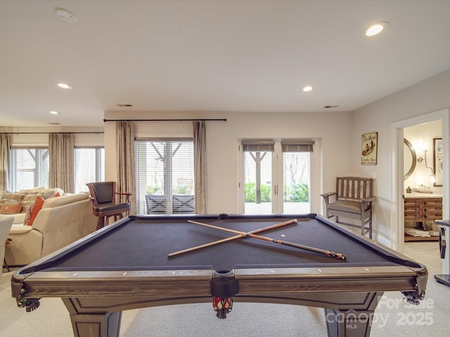 playroom featuring carpet floors, pool table, and recessed lighting