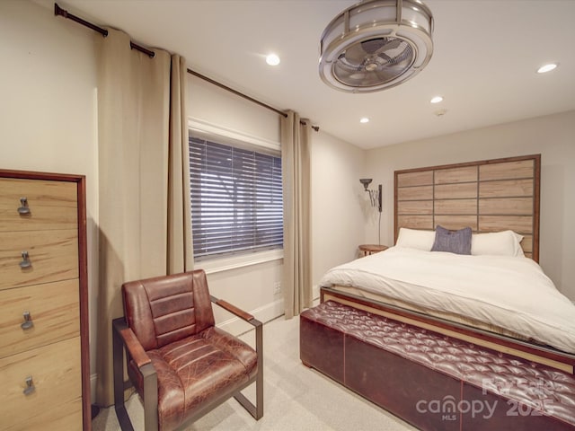 bedroom featuring recessed lighting and light colored carpet