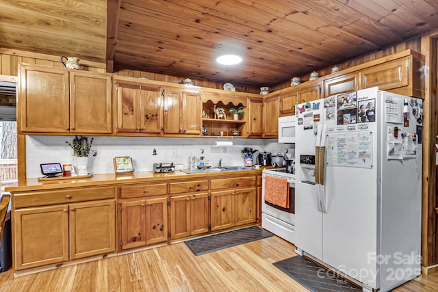 kitchen with open shelves, light countertops, wooden ceiling, light wood-style flooring, and white appliances