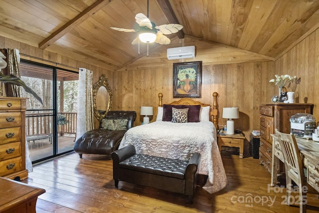 bedroom featuring access to exterior, vaulted ceiling with beams, wooden walls, a wall mounted air conditioner, and hardwood / wood-style flooring