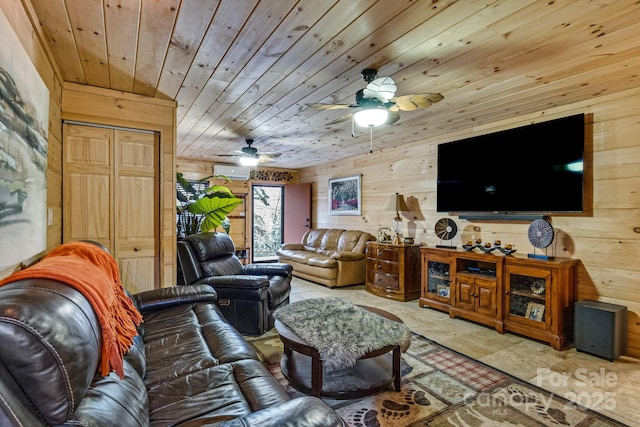 living area with ceiling fan, wood ceiling, and wooden walls