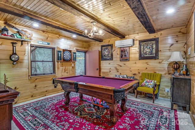 recreation room with a wall unit AC, wood walls, wooden ceiling, and beam ceiling