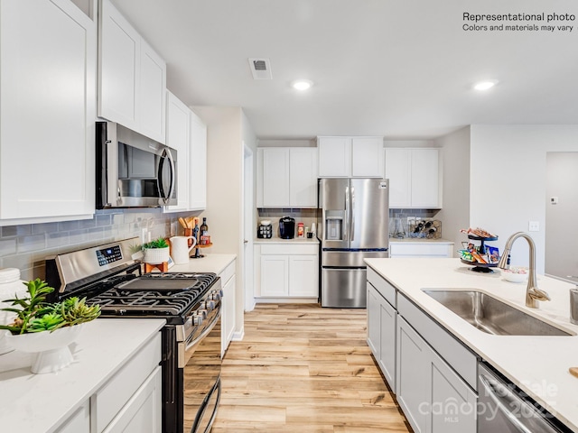 kitchen featuring sink, appliances with stainless steel finishes, white cabinets, and light wood-type flooring