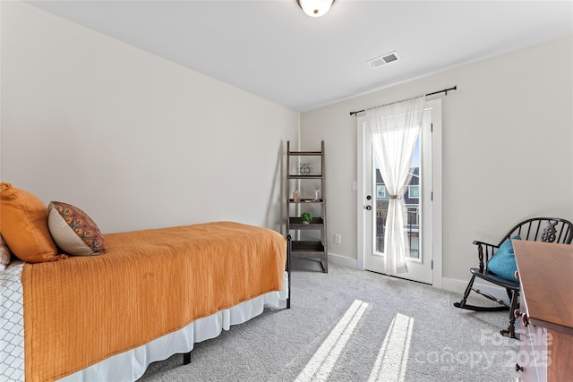 bedroom with access to outside, visible vents, baseboards, and light colored carpet