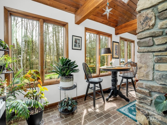 sunroom / solarium featuring wood ceiling and beam ceiling