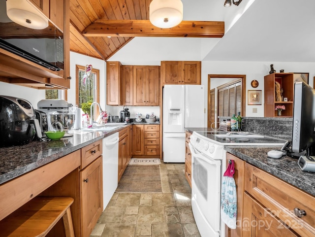 kitchen featuring brown cabinets, white appliances, and open shelves