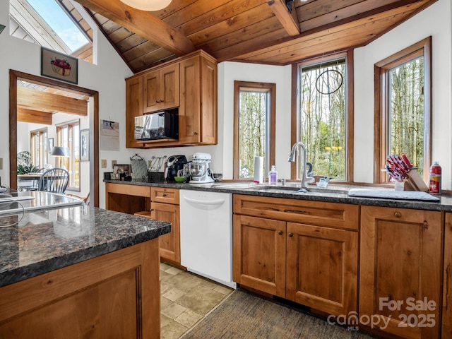 kitchen featuring dark stone counters, brown cabinetry, wooden ceiling, white dishwasher, and a sink