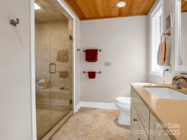 bathroom with wooden ceiling, vanity, baseboards, tile patterned floors, and a stall shower