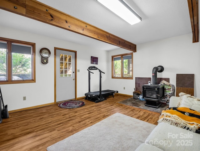 interior space with a wood stove, baseboards, and wood finished floors