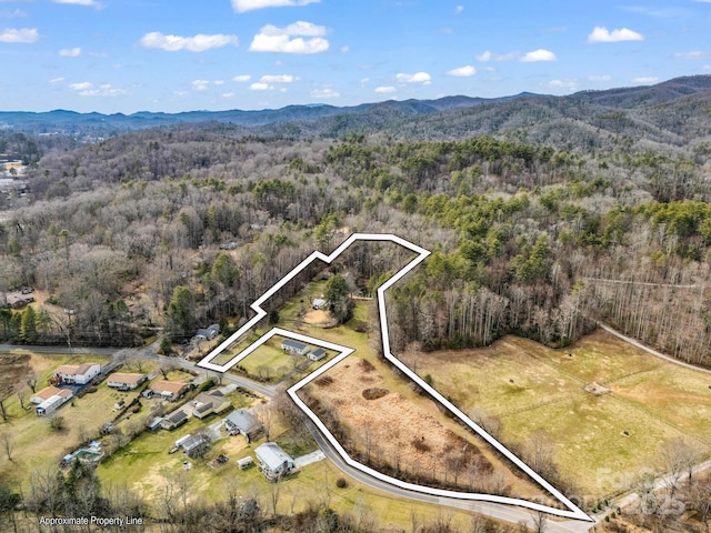 drone / aerial view featuring a mountain view and a wooded view