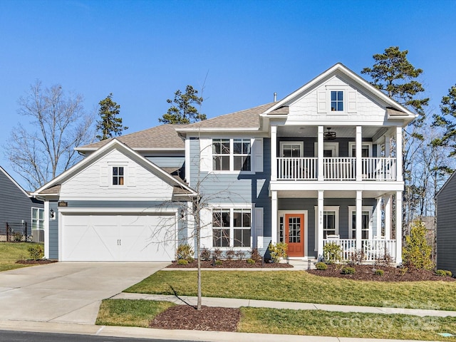 view of front facade featuring concrete driveway, covered porch, an attached garage, a front yard, and a balcony