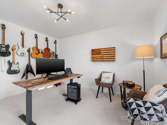 office area featuring carpet, a notable chandelier, and baseboards