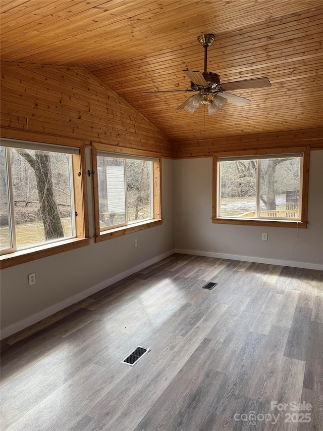 empty room with lofted ceiling, wooden ceiling, visible vents, and wood finished floors